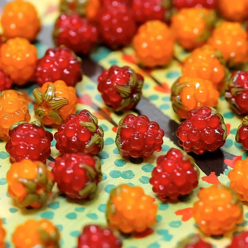 Glass Raspberry Beads 5pcs Handmade Vibrant Red with Green L