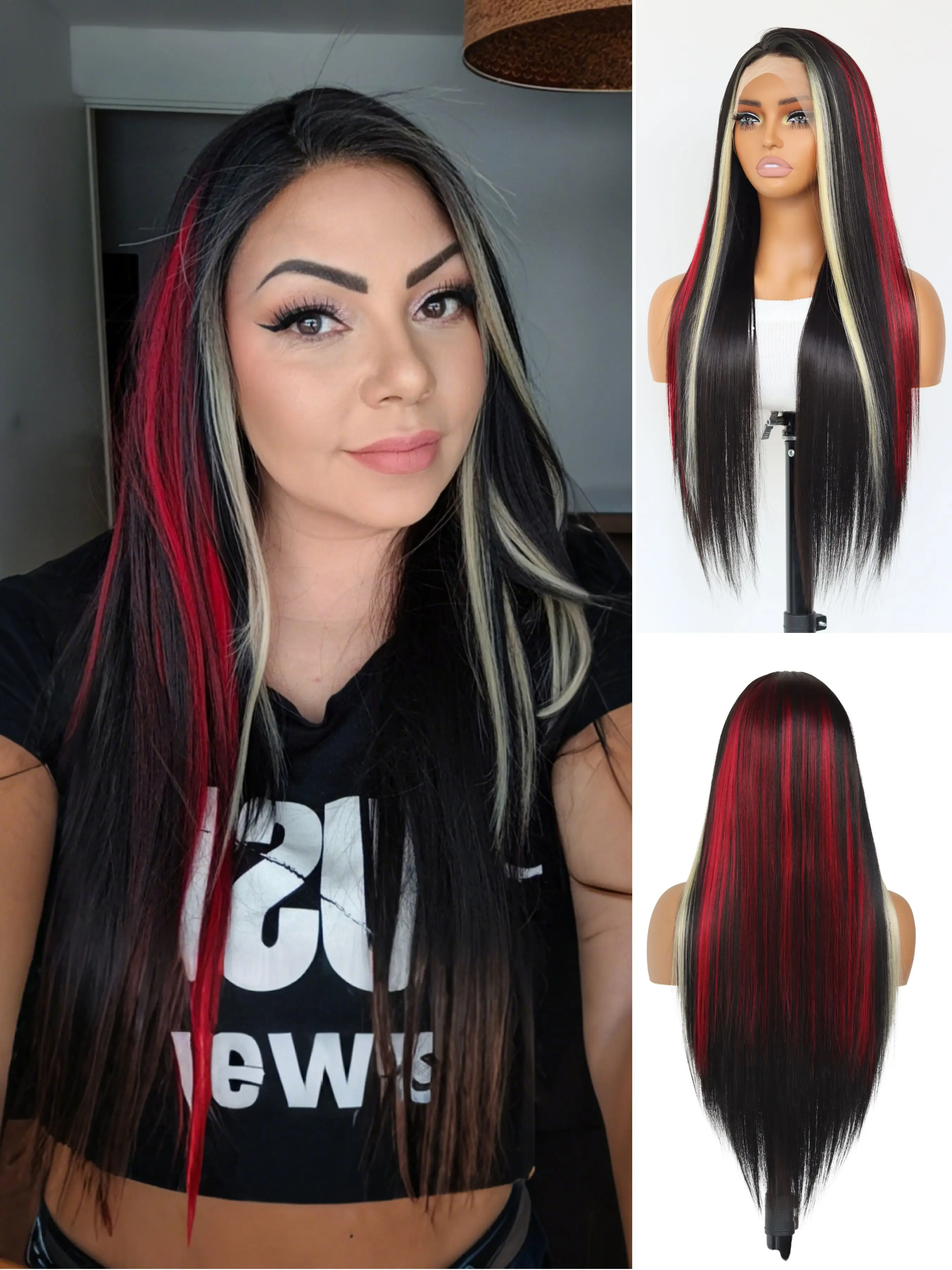 

Черный скундук в полоску, блондинка, красный синтетический парик спереди, бесклеевые длинные прямые смешанные красные, черные цветные парики