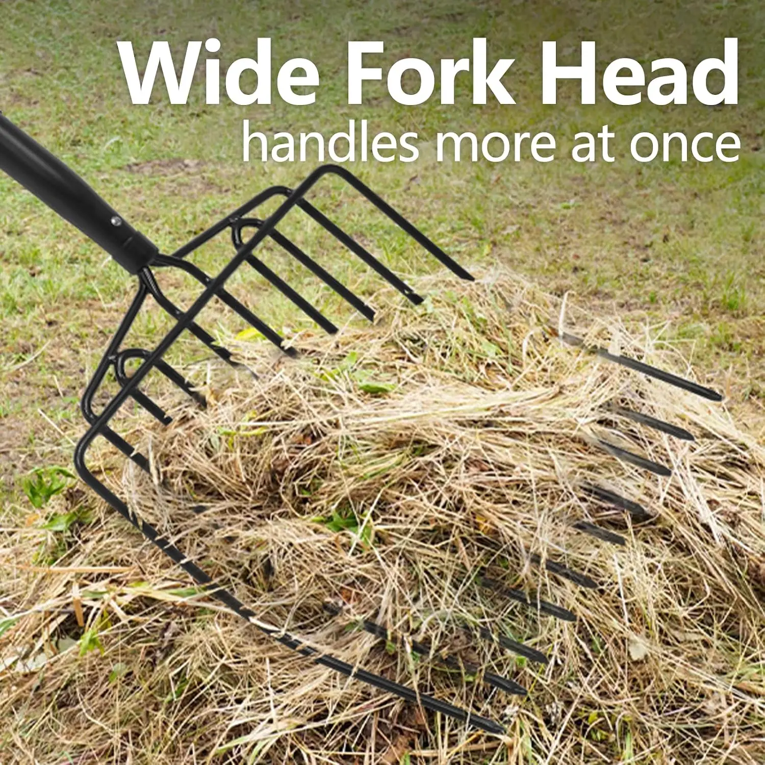 10-Tine Wide Pitch Fork, Fiberglass Handle, Heavy Duty for Gardening & Bedding, 45