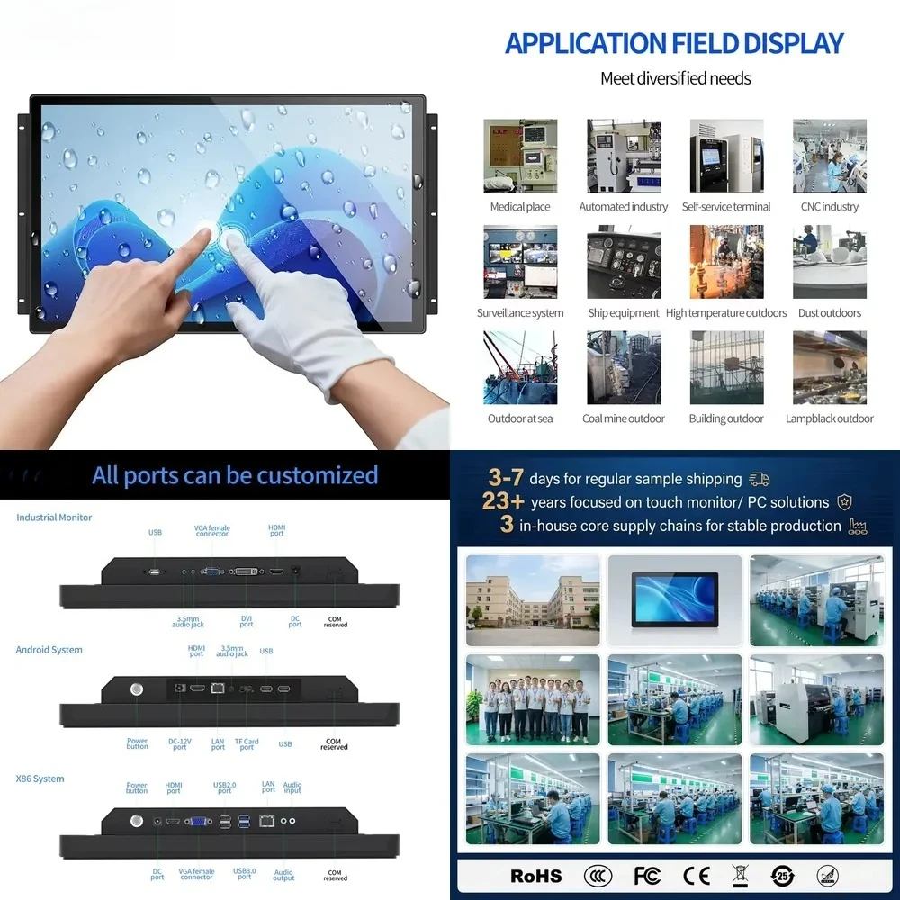

7-43" Industrial Open Frame Touch Screen Front IP65 Waterproof Embedded Panel LCD Display PCAP VGA DVI