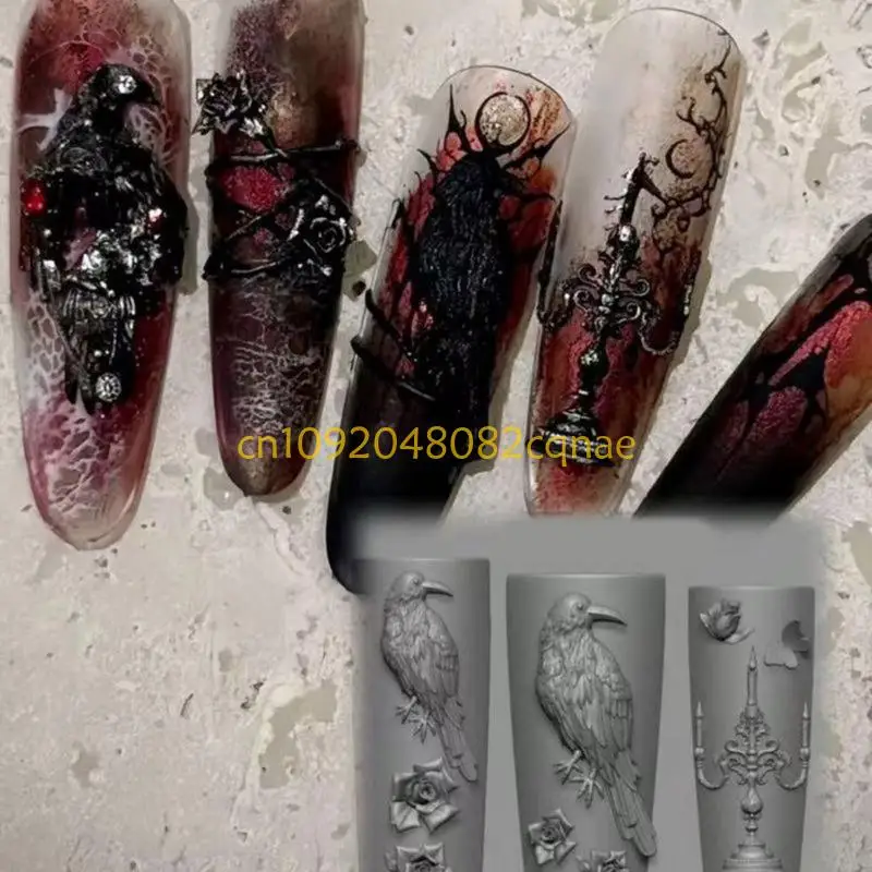 Crafting Mould for Unique Manicure Art Featuring Elegant Crow and Rose Candleholder Pattern