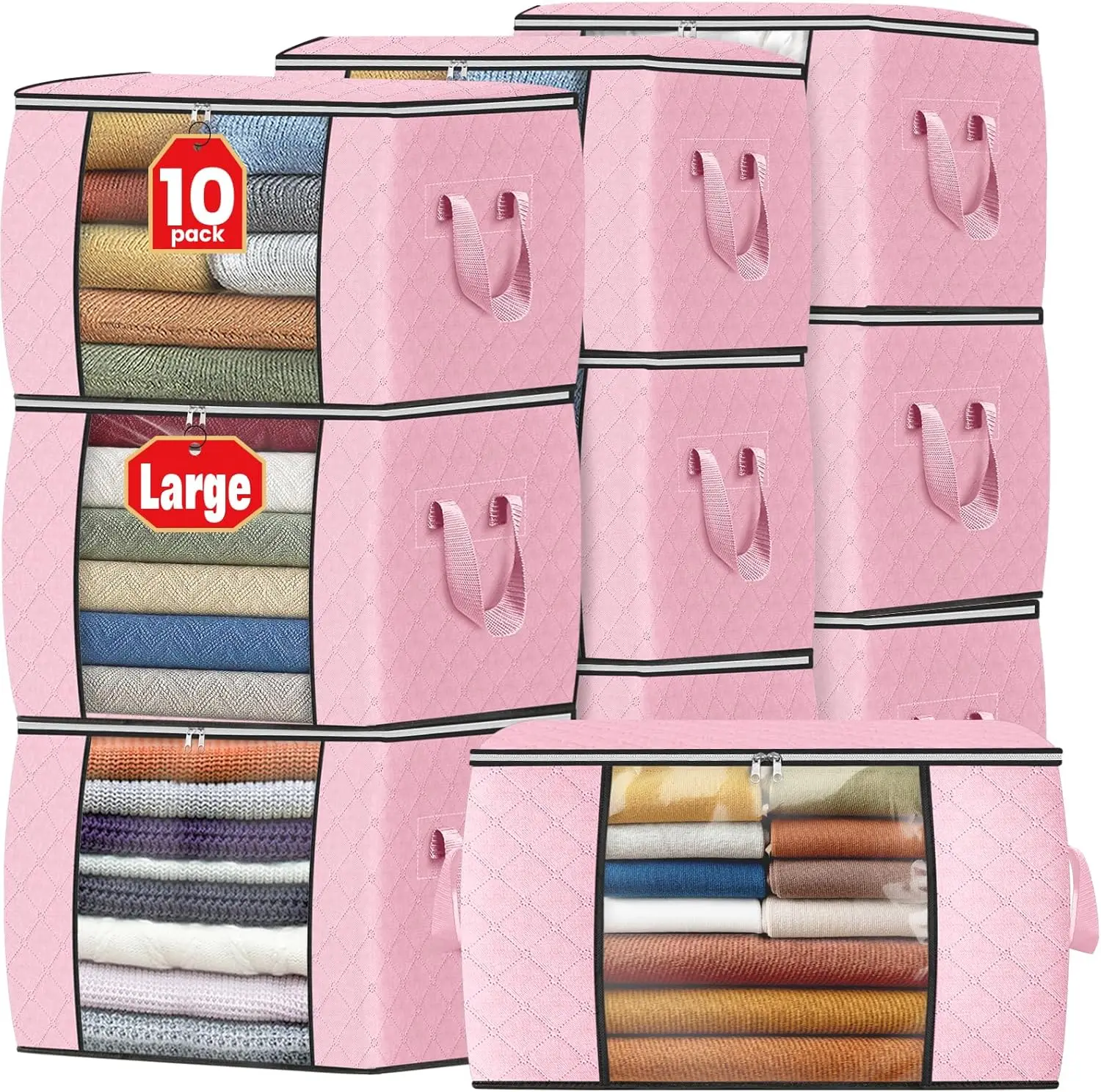 

24 Gallon Clothes Storage Bags, Foldable Thick Fabric, 10 Pack, Pink - Organize Bedroom Closet