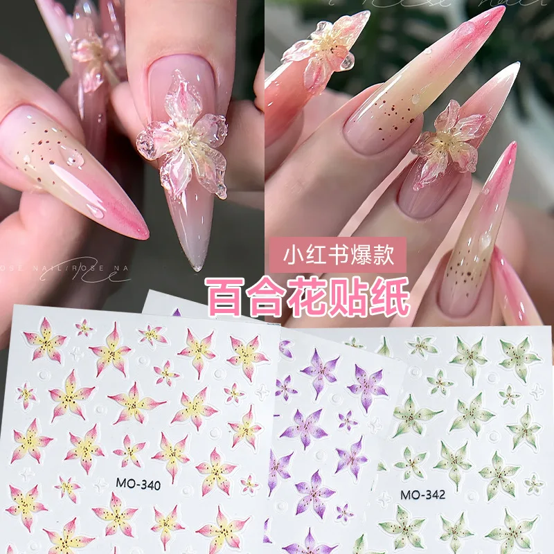 

1pcs 5D Jelly Nail Stickers Reliefs Pink Lily Flower Self Adhesive Slider Press On Nails DIY 3D Nail Art Decoration Parts Decals