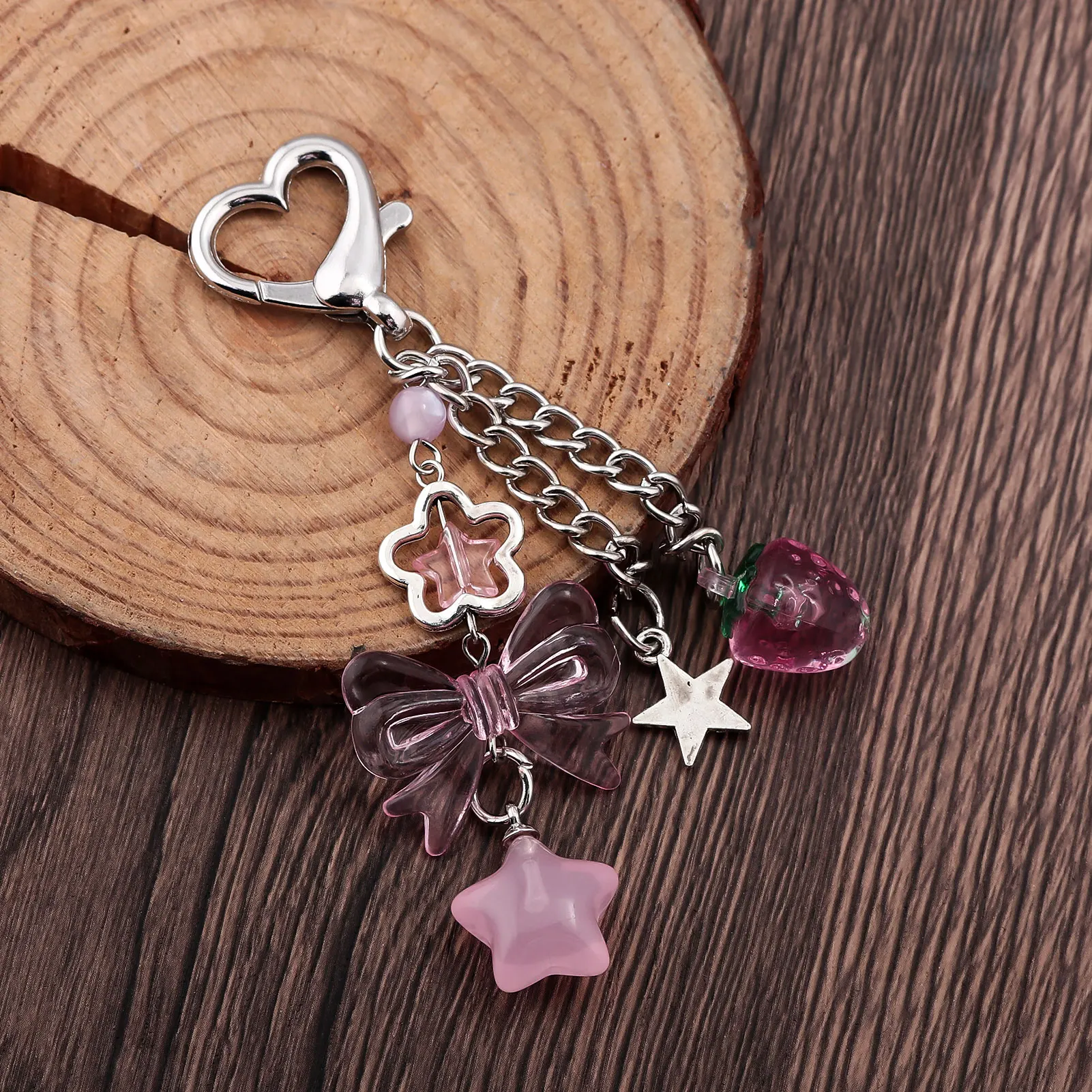 1PCS Sweet Style Bow Keychain Pink Pendant Creative Mobile Phone Short Chain Love Five-pointed Star Accessories Bag Decoration image 5