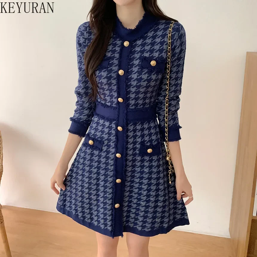 Autumn Winter Houndstooth Knitted Dress Women Vintage Slim Skinny Button Lady A Line Sweater Dressss Casual Mini Short Vestidos