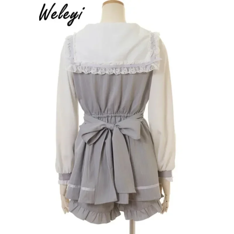 Kawaii Jirai Kei Skirt Suit Damski 2024 Summer Sweet Cute Streetwear Sailor Collar Bow Bandage Top Plisowane szorty Dwuczęściowy zestaw