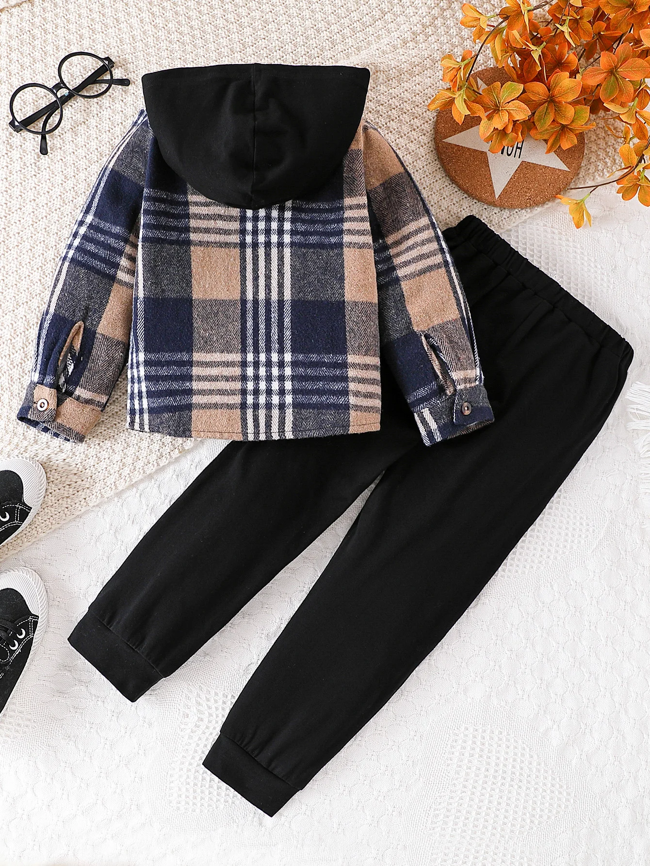 Navy Khaki Plaid Hood Coat Kids Boys Matching Solid Black Drawstring Jogger Pants Vintage Casual Autumn Daily Outfit 2-8 Years