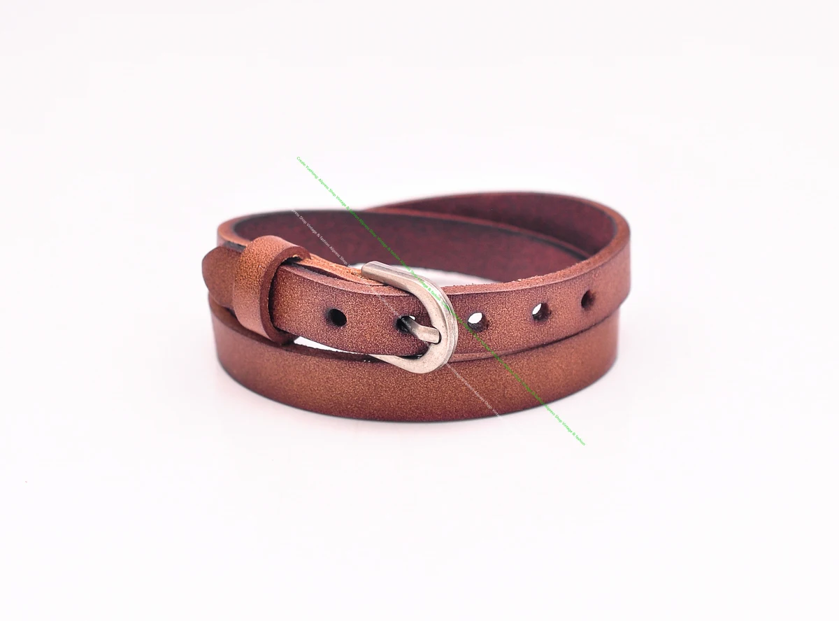 G563 Tan Brown Cowboy Classic Retro Handmade Double Wrap Cowhide Genuine Leather Bracelet Cuff Wristband Pin Buckle  Closure