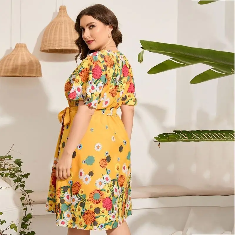 l38e-donna-manica-corta-sexy-scollo-a-v-midi-abito-lungo-scampanato-boho-stampa-floreale-cravatta-in