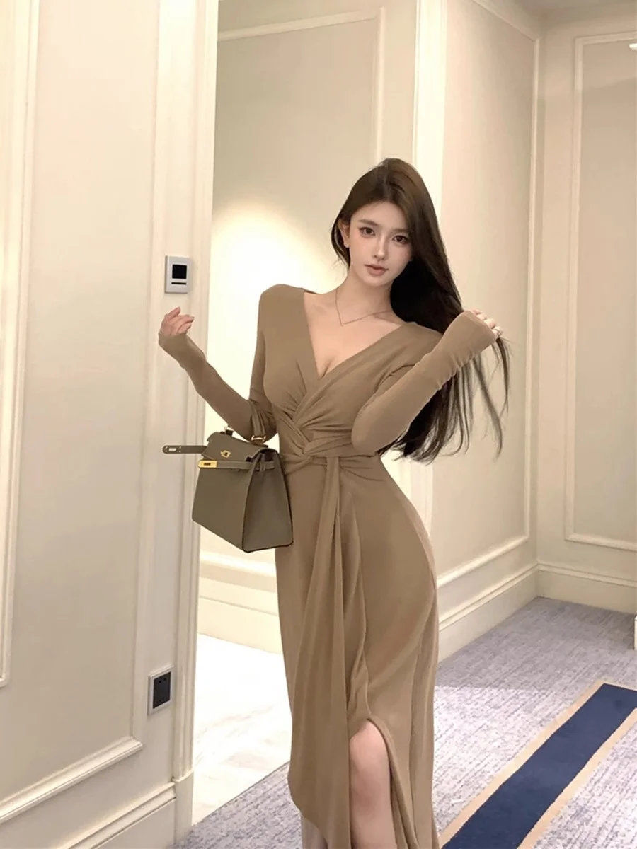 Vestido E Rosa com Decote em V e Mangas Longas para Mulheres, Primavera e Outono, Saia Dividida, Sexy, Cintura Alta, M...