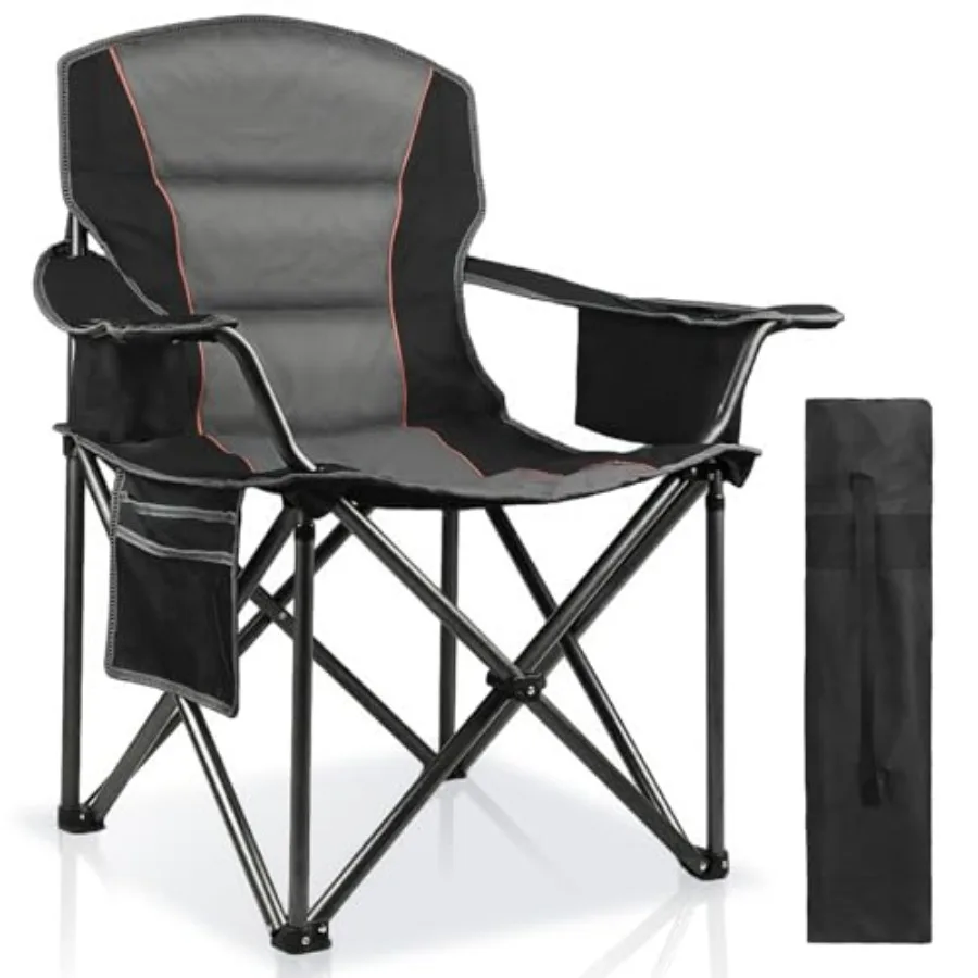 

Oversized Padded Camping Chairs for AdultsHeavy Duty Support 400 Lbs Folding Portable Lawn Chair w/Cup Holder Cooler Bag Side P