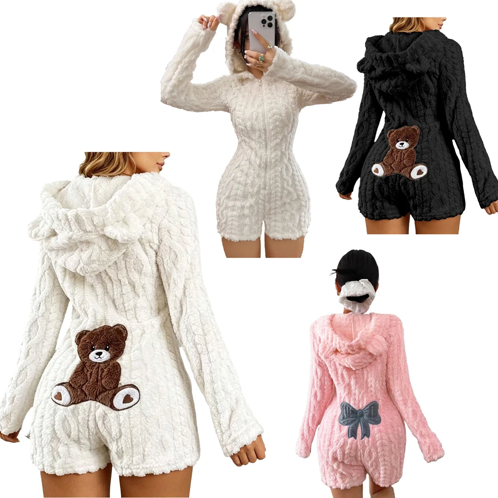 adorable-combinaison-de-nuit-douce-a-manches-longues-et-a-jambes-courtes-avec-capuche-en-peluche-ideale-pour-l'automne-et-l'hiver-motif-ours-de-dessin-anime-et-nœud-combinaison-decontractee-et-chaude-pour-femmes