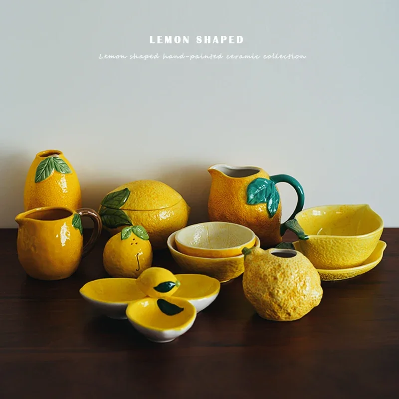Hand-painted lemon-shaped ceramic vase, jar, bowl, milk cup, three-grid plate, saucer.