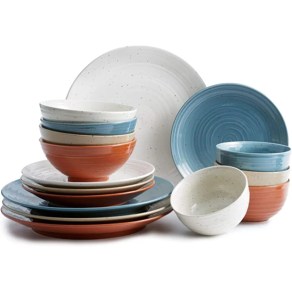16-Piece Stoneware Dinnerware Set - Service for 4, Plates and Bowls, Chip Resistant, Rustic Dishware, Microwave & Dishwasher Saf