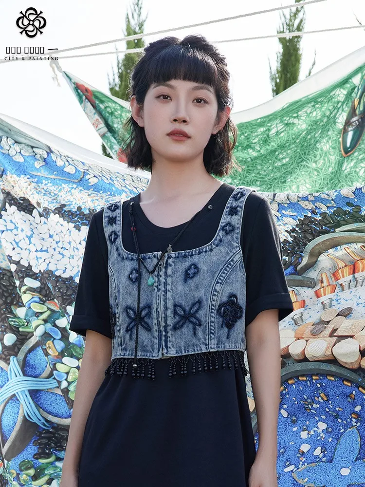 

Джинсовый жилет Ele ort с бисером и цепочками, модный женский легкий летний топ от Chenghua