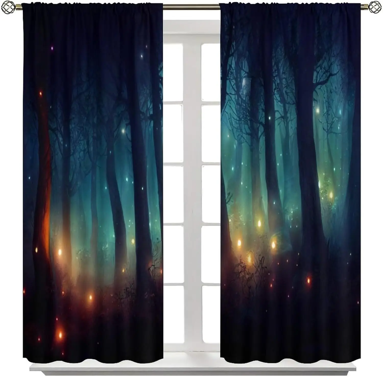 Fantasy Forest Curtains, Enchanted Trees Dreamy Mist Gothic Forest Window Treatments Glowing Lights Landscape Window Drapes for
