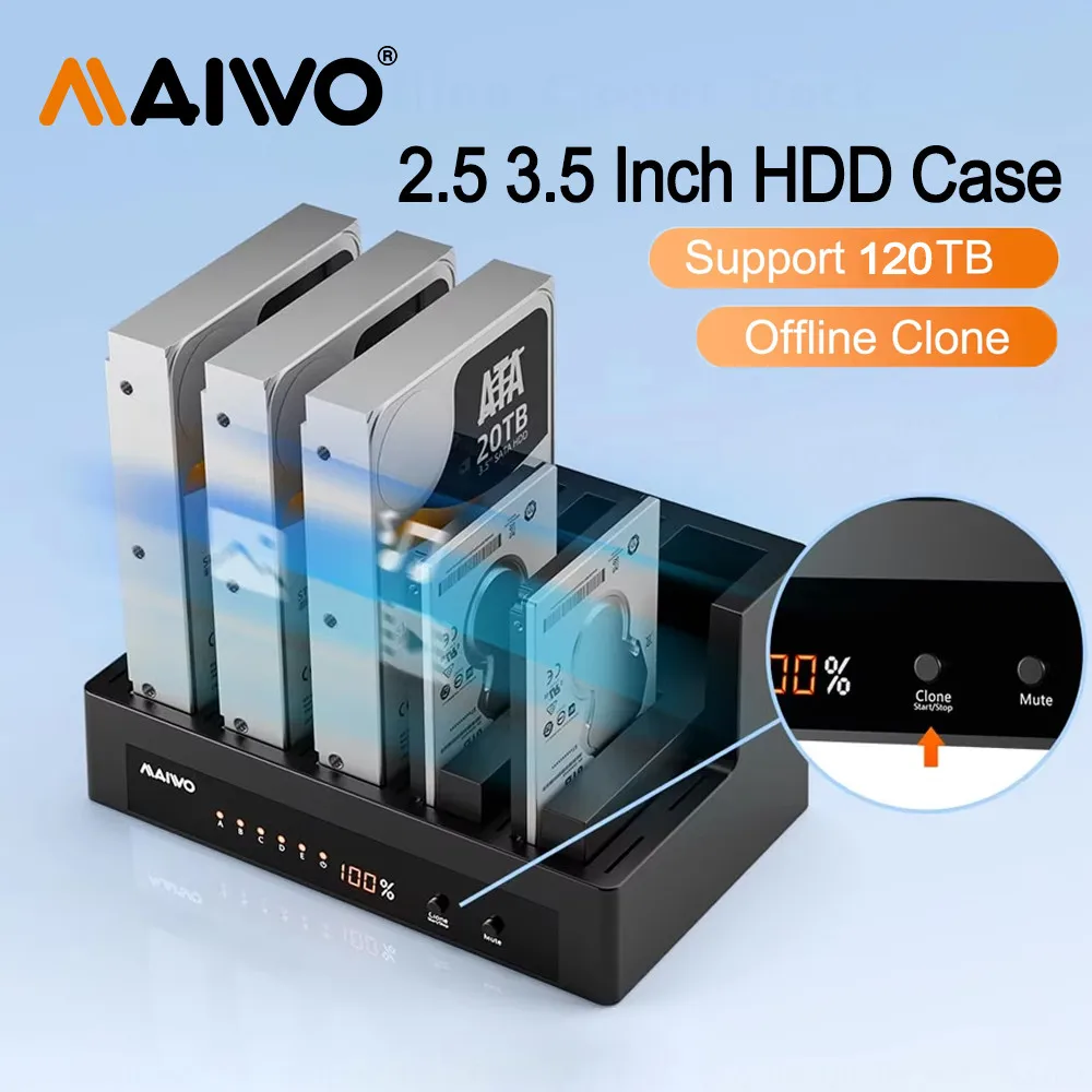 마이워 5베이 외장 하드 드라이브 도킹 스테이션 케이스 오프라인 복제 기능 지원 2.5인치 3.5인치 SATA HDD/SSD USB3.0 HDD 도크 LED 디지털 디스플레이 탑재