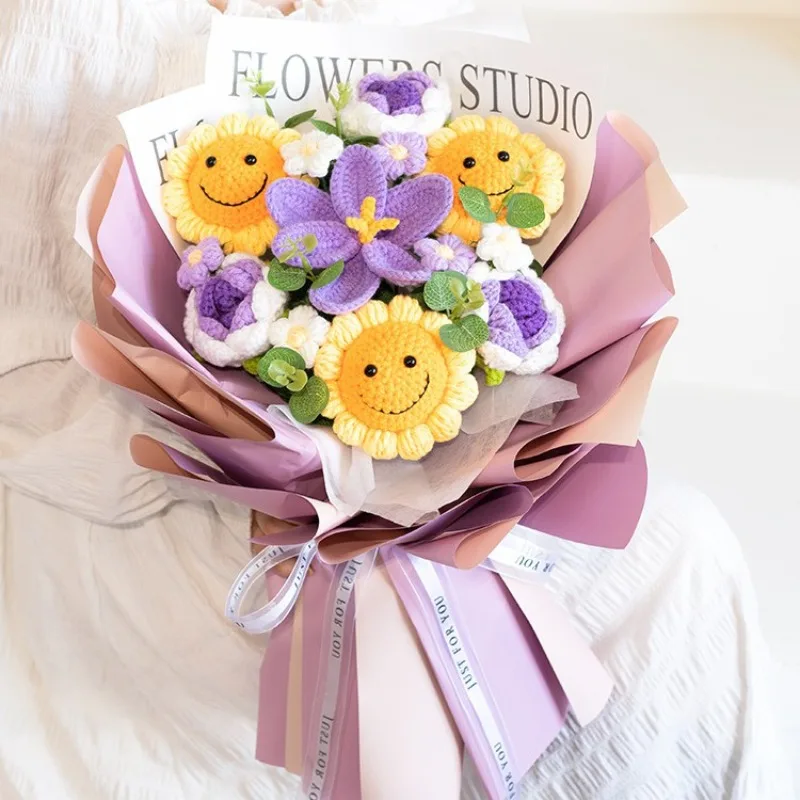 

Вязаный букет «Смайлик-Подсолнух», готовый букет, подарок на День матери, День учителя, фотодекор