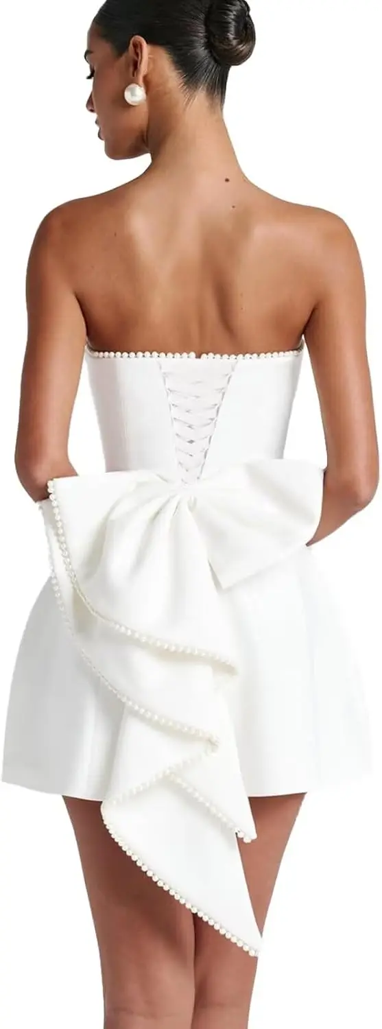 Abito da gioventù senza spalline con perle per il ritorno a scuola Minigonna Abito da cerimonia nuziale in raso con fiocco, Abito da cocktail da ballo per festa di compleanno 2025