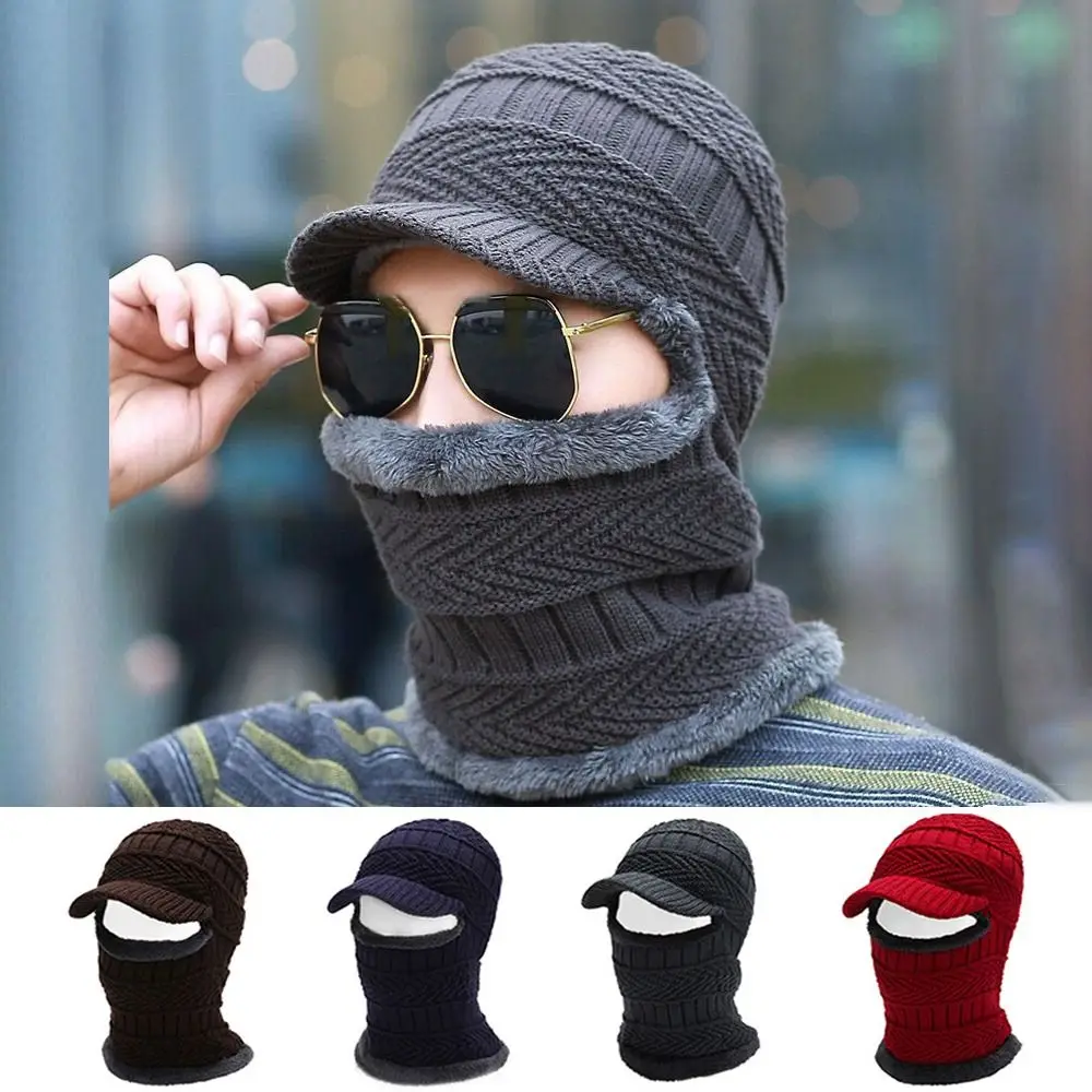 Woolen Yarn Skullies Beanies Hats Windproof Warm Ring Scarf Knitted Scarf Cap Plush Thickening With Brim Ski Mask Caps Outdoor