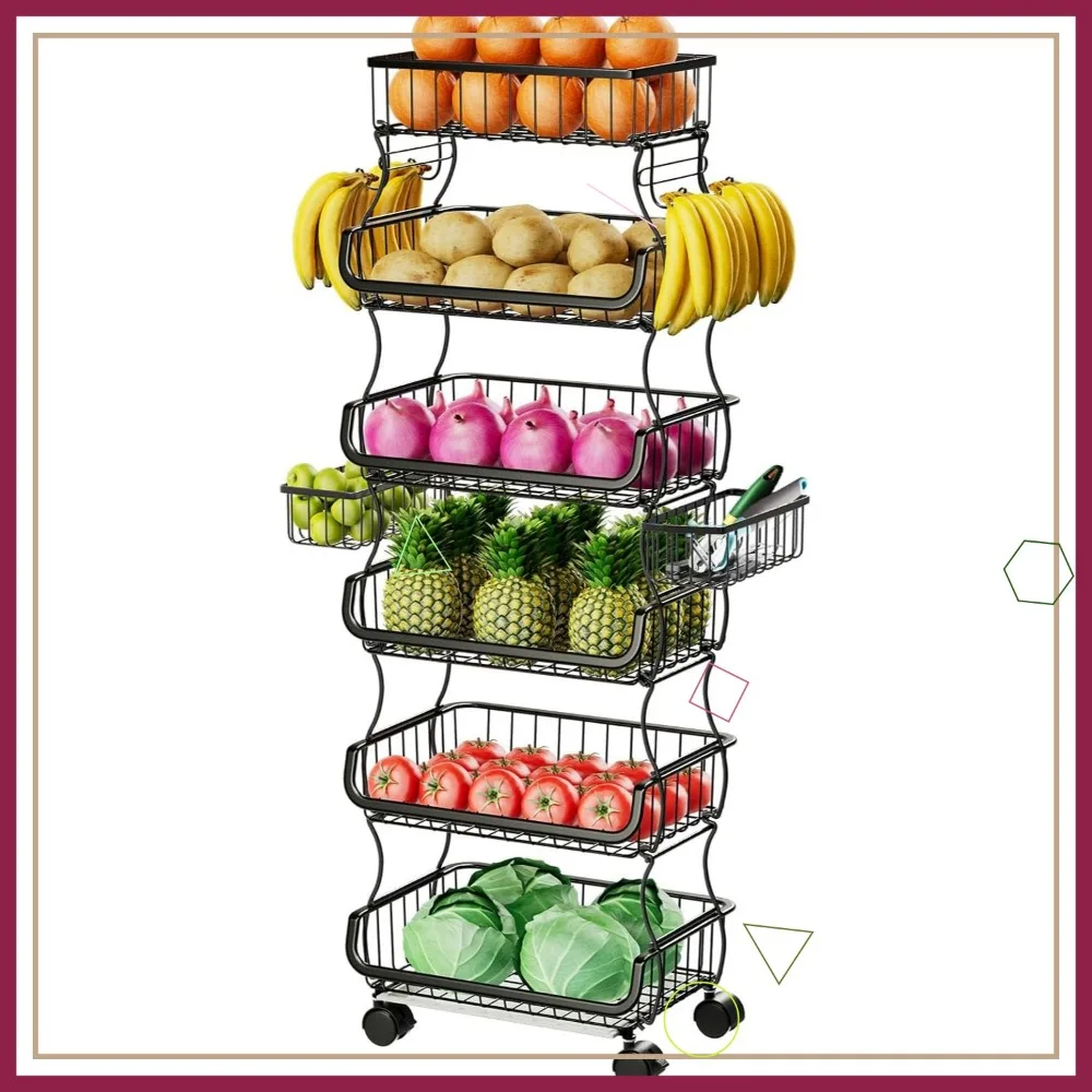 

6-уровневая тележка на колесиках, штабелируемая кухонная корзина для хранения фруктов, овощей, закусок, черная