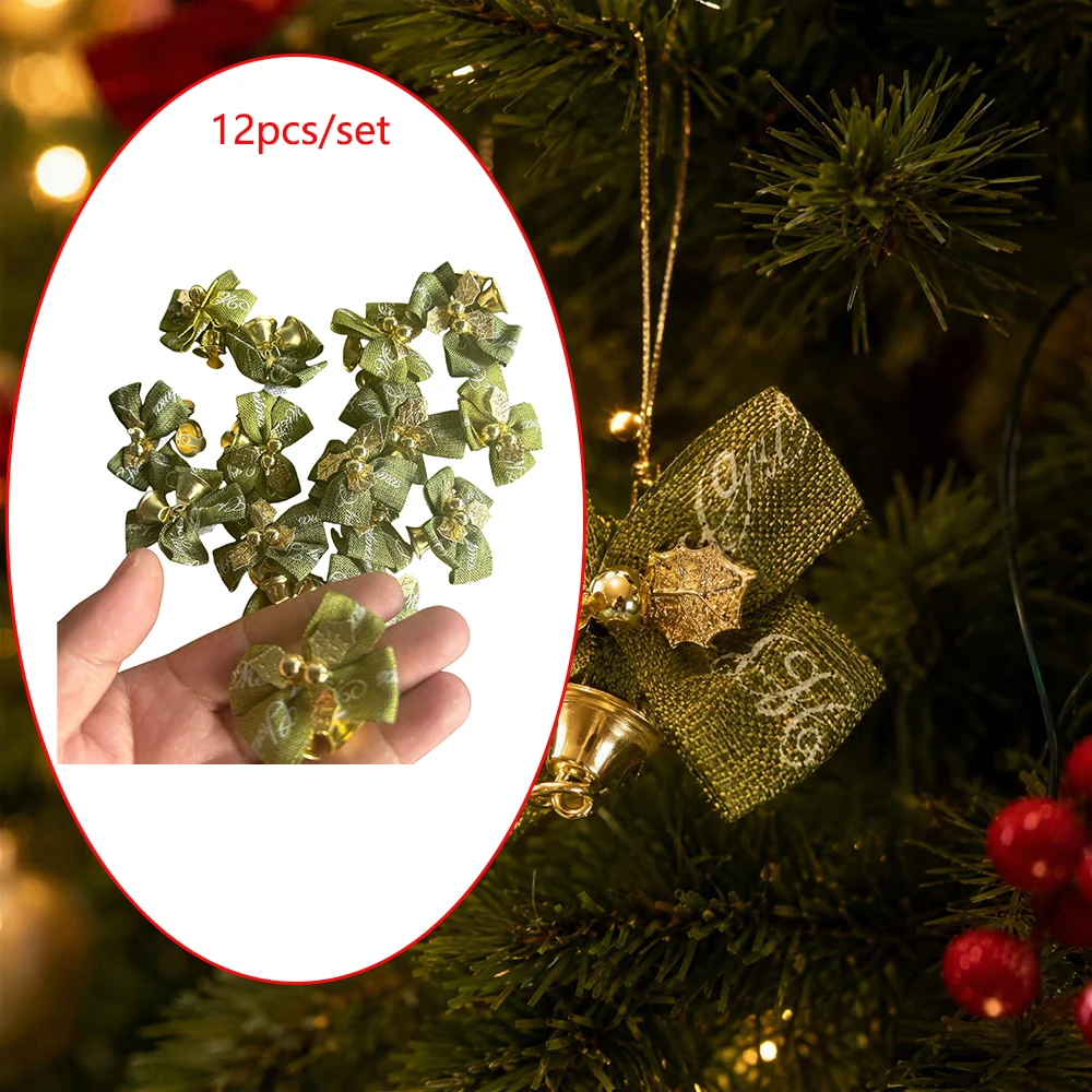 12-piece set of green and gold ribbon bow bell decorations, Christmas hanging decoration accessories, embedded metal bells that make a crisp sound when shaken, suitable for DIY enthusiasts and Christmas holiday decoration