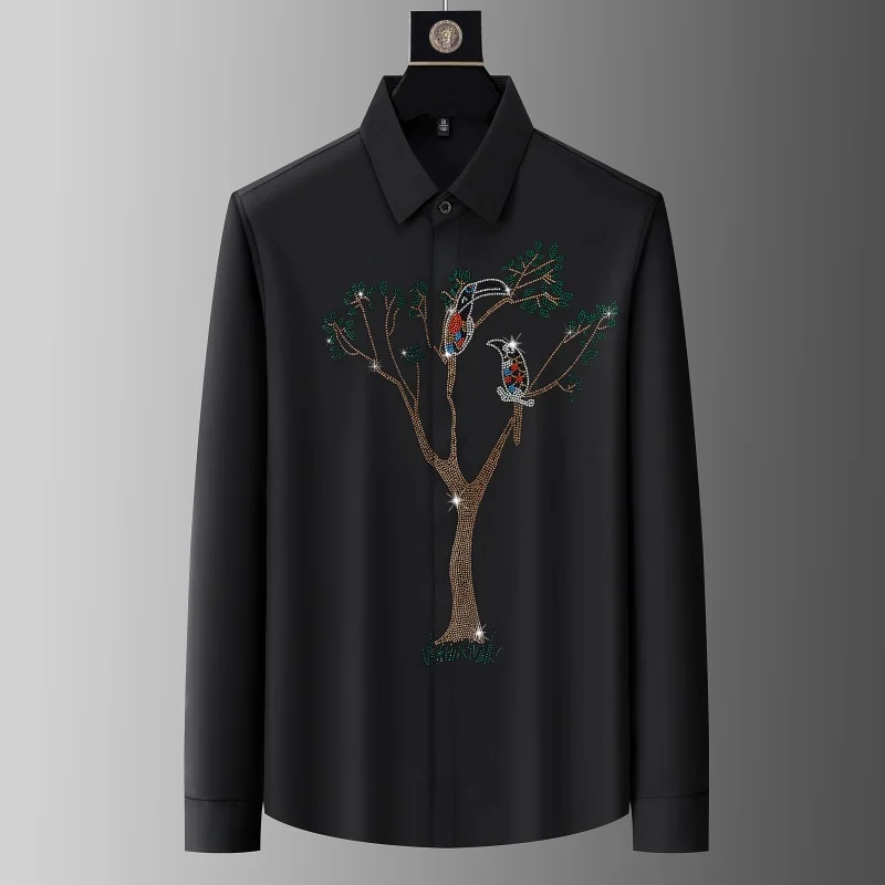 Chinese Style Luxury Shirts For Men Long Sleeve Hotfit Rhinestone Summer Quality Seamless Elastic Wrinkle-free Camisas De Hombre