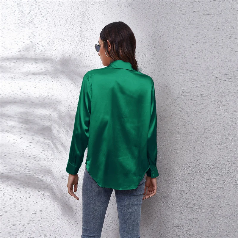 Spring Satin Shirt Women Loose Button Up Blouse Shirts Ladies Imitation Silk Long Sleeve Shirt for Women DF4972