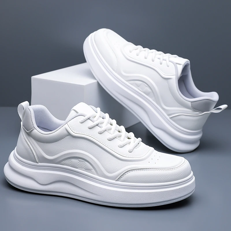 

Men's White Platform Sneakers Leather Casual Shoes Height Increasing Non-slip Lace-up Walking Shoes for Daily Fashion Wear