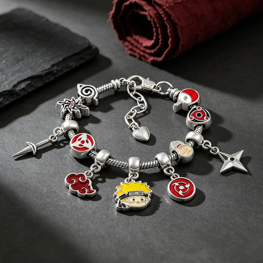 DIY Ninja Theme Charm Bracelet Silver Snake Chain Enamel Red Cloud Pendant Anime Jewelry Collectible Fans Gift