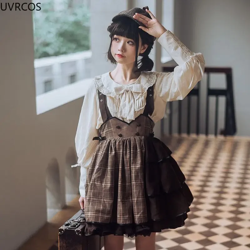 2025 Spring Summer Japanese Gothic Lolita Jsk Dress Women Kawaii Ruffle Harajuku Brown Strap Dress Girls Punk Loli Tea Party