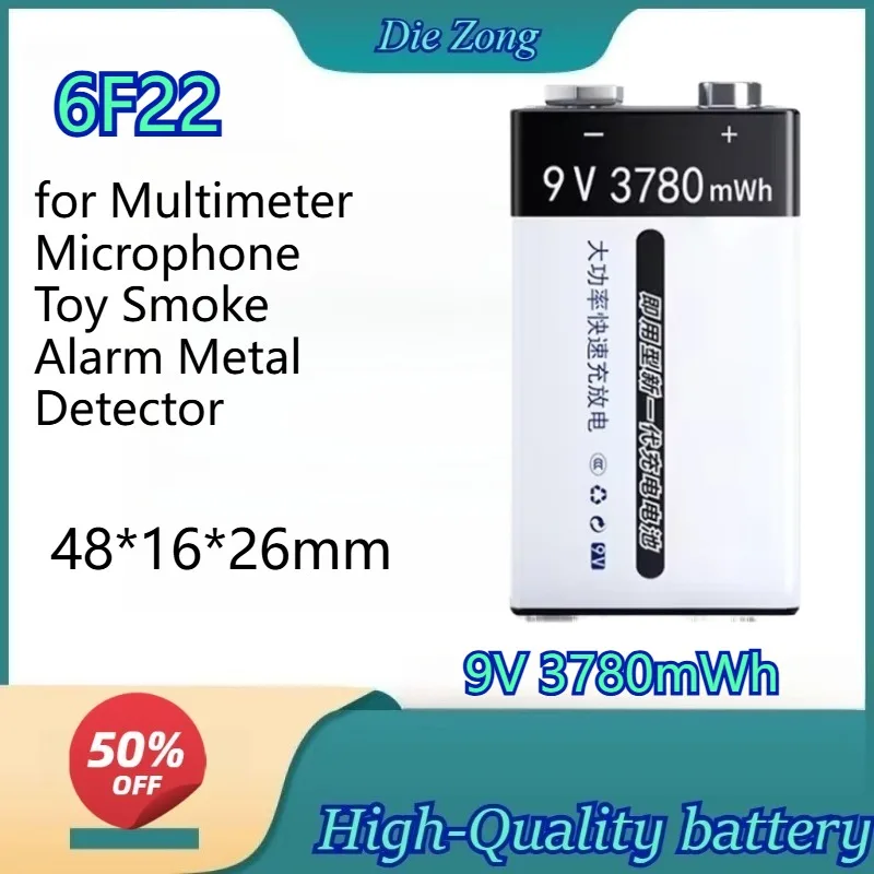 High quality 6F22 9V Li-ion Rechargeable Battery USB Type-C Battery for Multimeter Microphone Toy Smoke Alarm Metal Detector