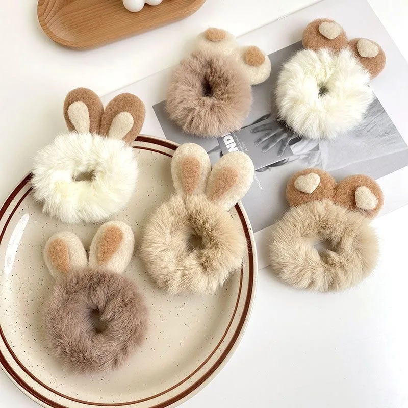 Winter Furry Bunny Scrunchie For Girls Elastic plush hair tie women cute rabbit hair rubber bands fluffy hair rope accesories