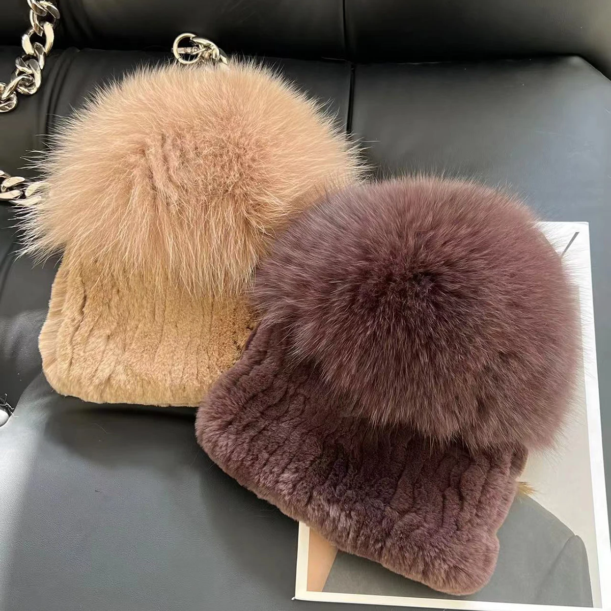 Winter New Women Luxury Real Rex Rabbit Fur Hat Knitted Rex Rabbit Fur Hat Top Natural Fox Fur Cap Genuine Fox Fur Beanies Hat