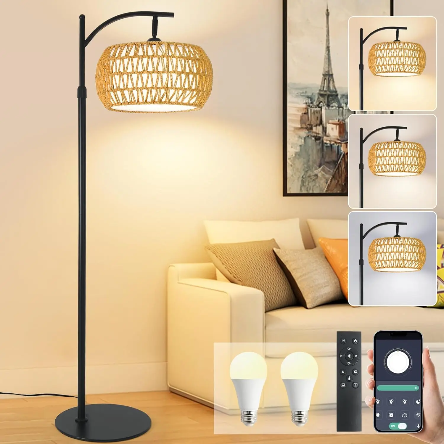 

Modern Rattan Floor Lamp with Remote - Dimmable LED, 3 Color Temperatures, Adjustable Height for Living Room