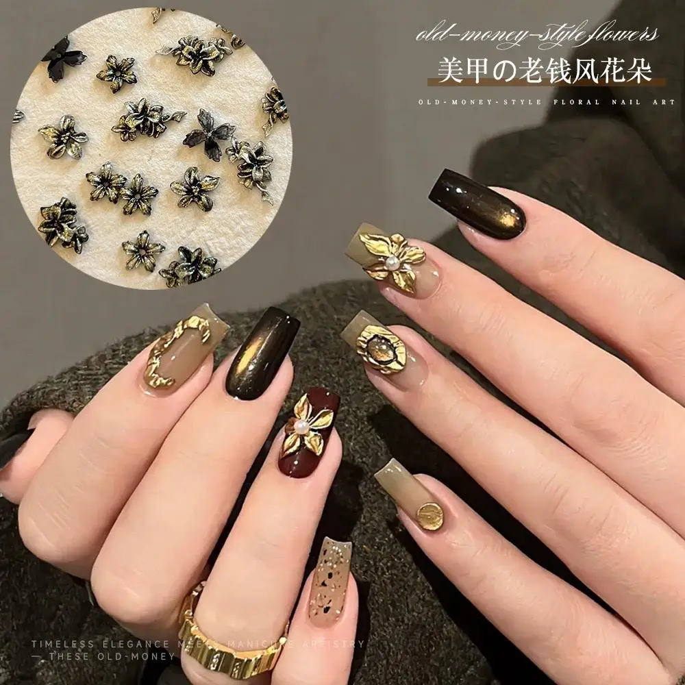 50pcs 3D Old Money Style Flowers Nail Charms Retro Gilded Floral Nail Art Decorations Luxury Soft Carving Flower Manicure Parts
