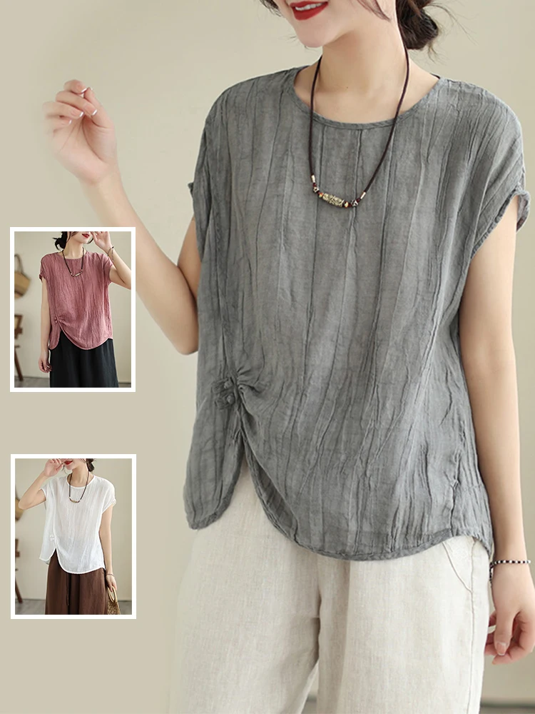 

Футболка из хлопка и льна в стиле ретро со складками по бокам и пуговицами, летний повседневный топ для женщин больших размеров