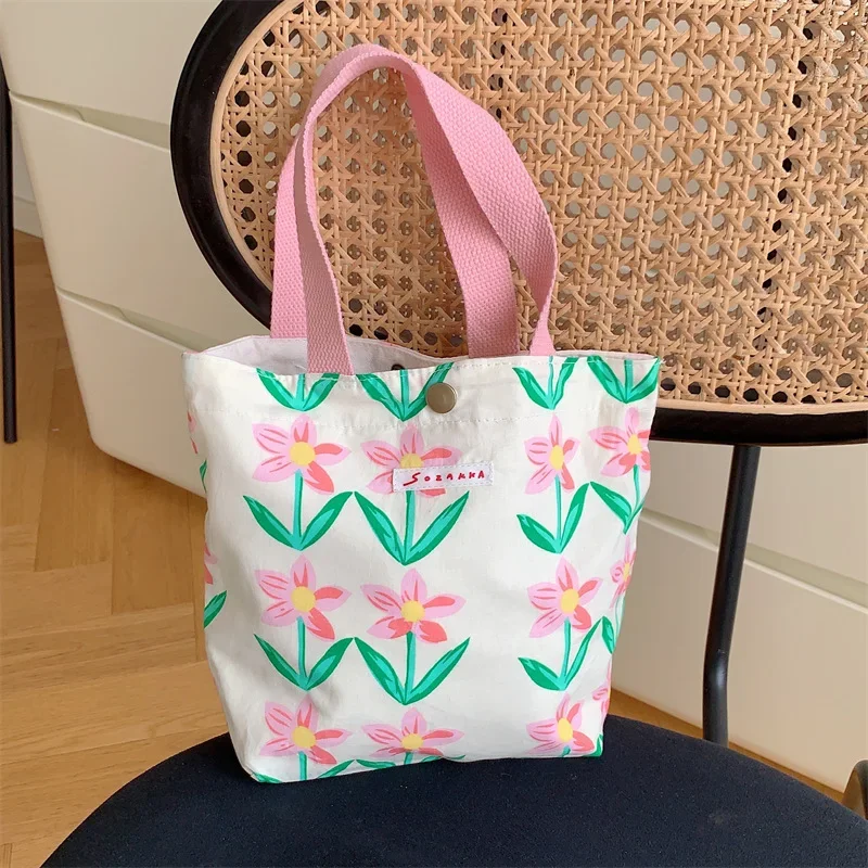 Vintage Floral Women\'s Canvas Handbags Portable Female Lunch Bento Bag Cute Flower Girls Purse Shopping Bag Small Shoulder Bags