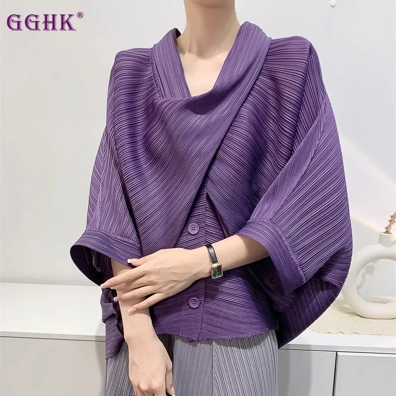 

GGHK 2024 New Spring and Summer Women Pleated Tops Solid Color Loose Large Size Casual Seven-minute Sleeves Scarf Collar Design