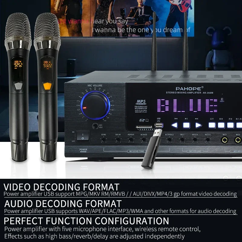 

Home KTV Karaoke Power Amplifier With DSP 2.0 Channel Audio Receiver Wireless Microphone Supports USB Function-Metal Bt