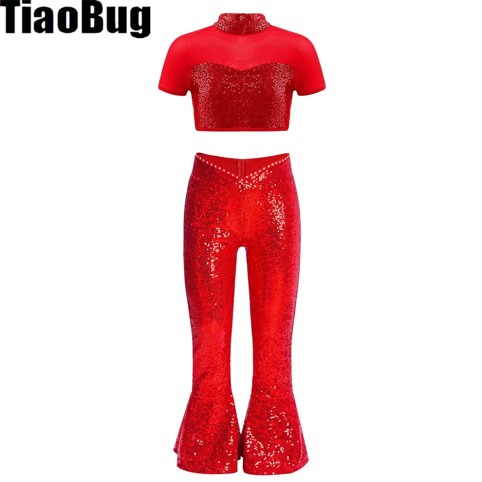 

Girls Jazz Dance Outfit Mock Neck Short Sleeve Mesh Cutout Back Sequin Crop Top with Bell Bottom Pants Skating Modern Dancewear