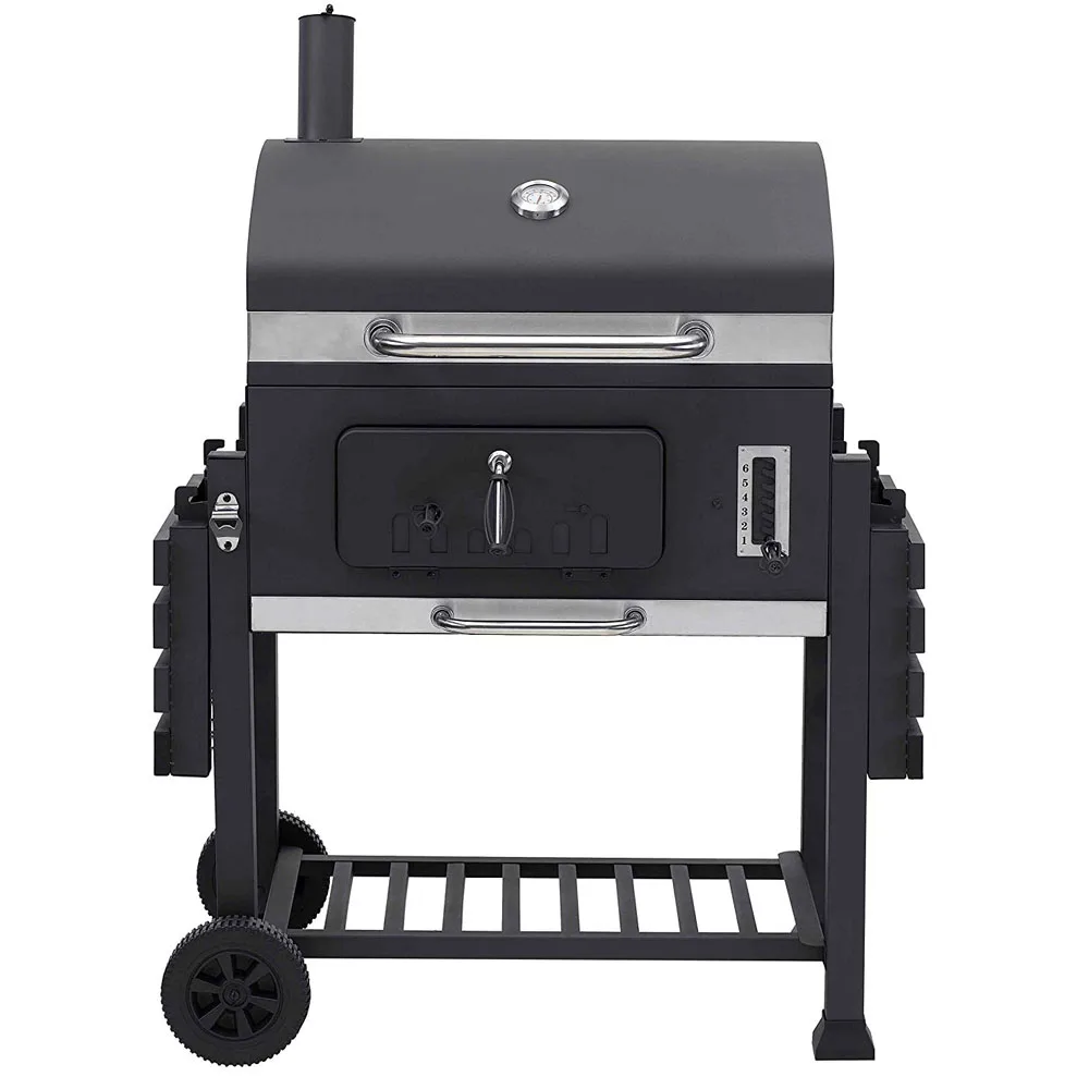 Square Trolley  Cast Iron Grill Smoker With Chimney Charcoal Barbecue With Lid 152x73x137cm