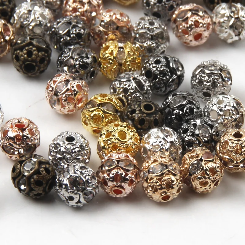 50pcs 6mm 8mm Metal Plated Crystal Rhinestone Round Ball Spacer Loose Beads For Jewelry Making DIY Bracelet Necklace Accessories