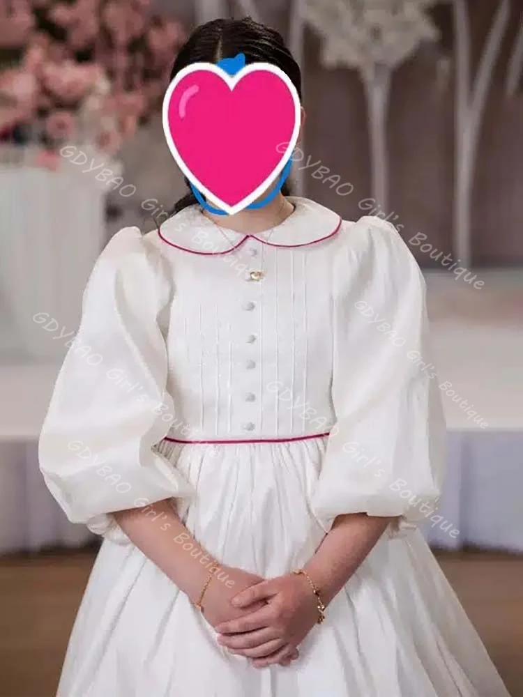 Witte eerste communiejurk met trim Peterpan nek ballon mouw bloemenmeisje jurk voor kinderen bruiloft baljurk op maat