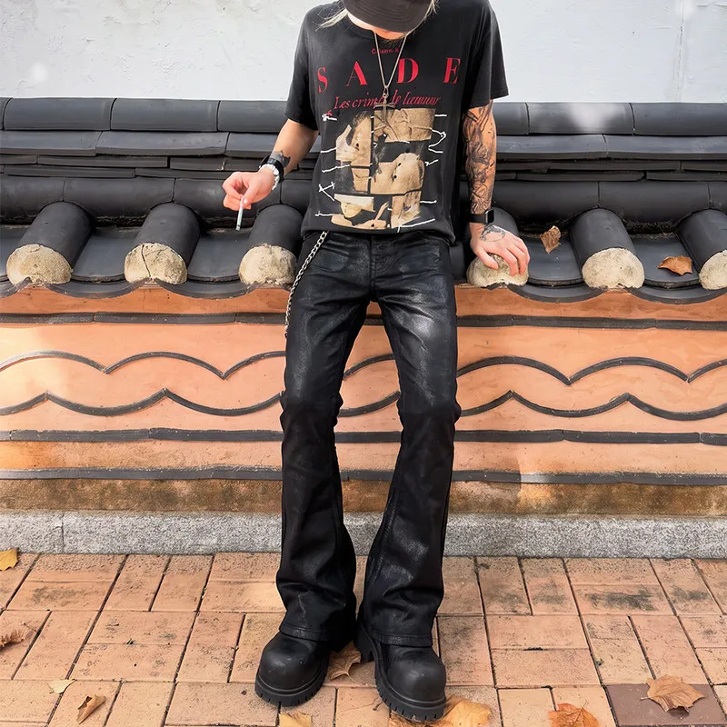 Mens Black Hand Waxed Stretch Jeans Fit Slight Flare Denim Pants for Alternative Street Style and Everyday Layered Outfits