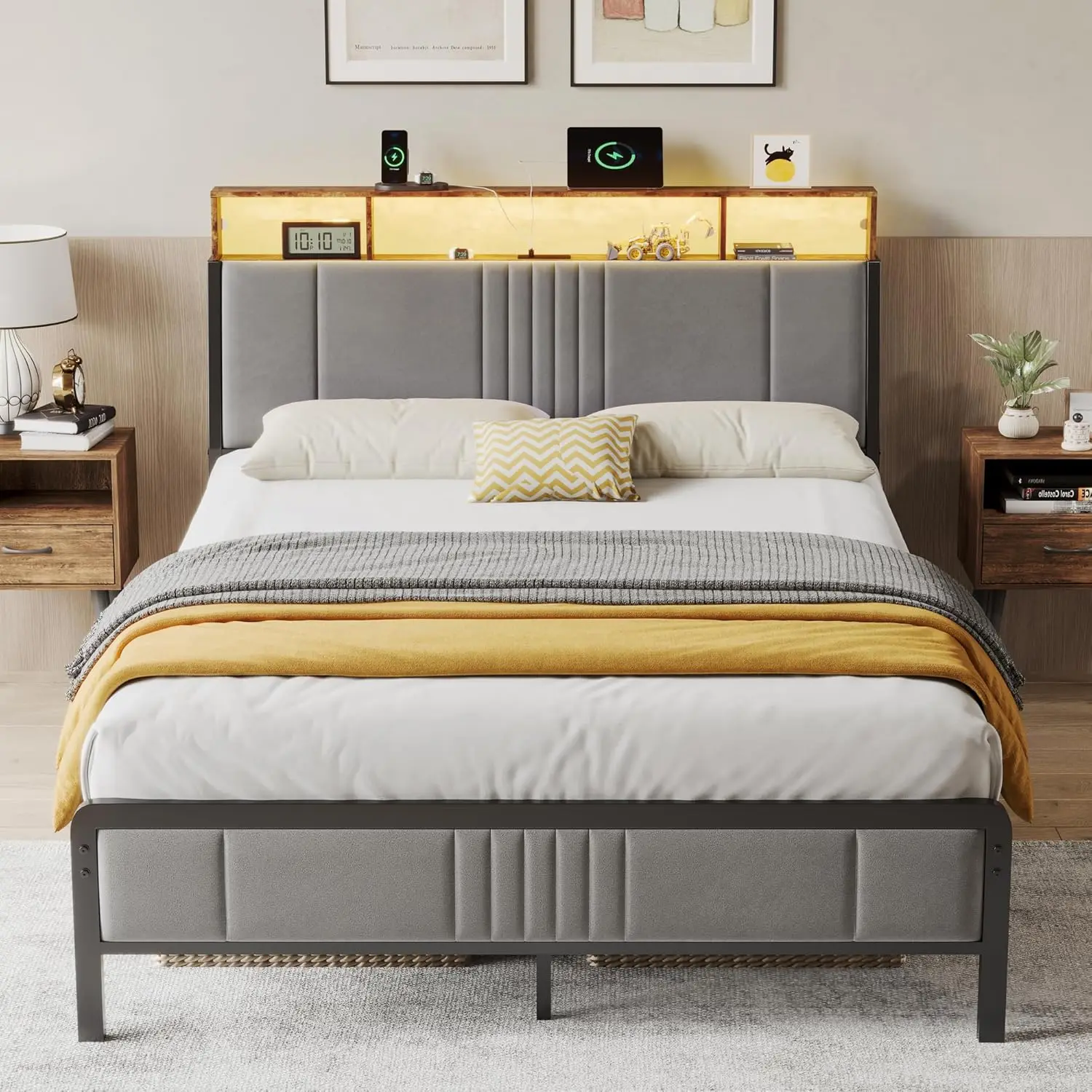 

Twin Bed Frame with Headboard, Metal Platform Bed Twin Size with 2-Tier Storage and Ergonomic Velvet Headboard, Charging Station