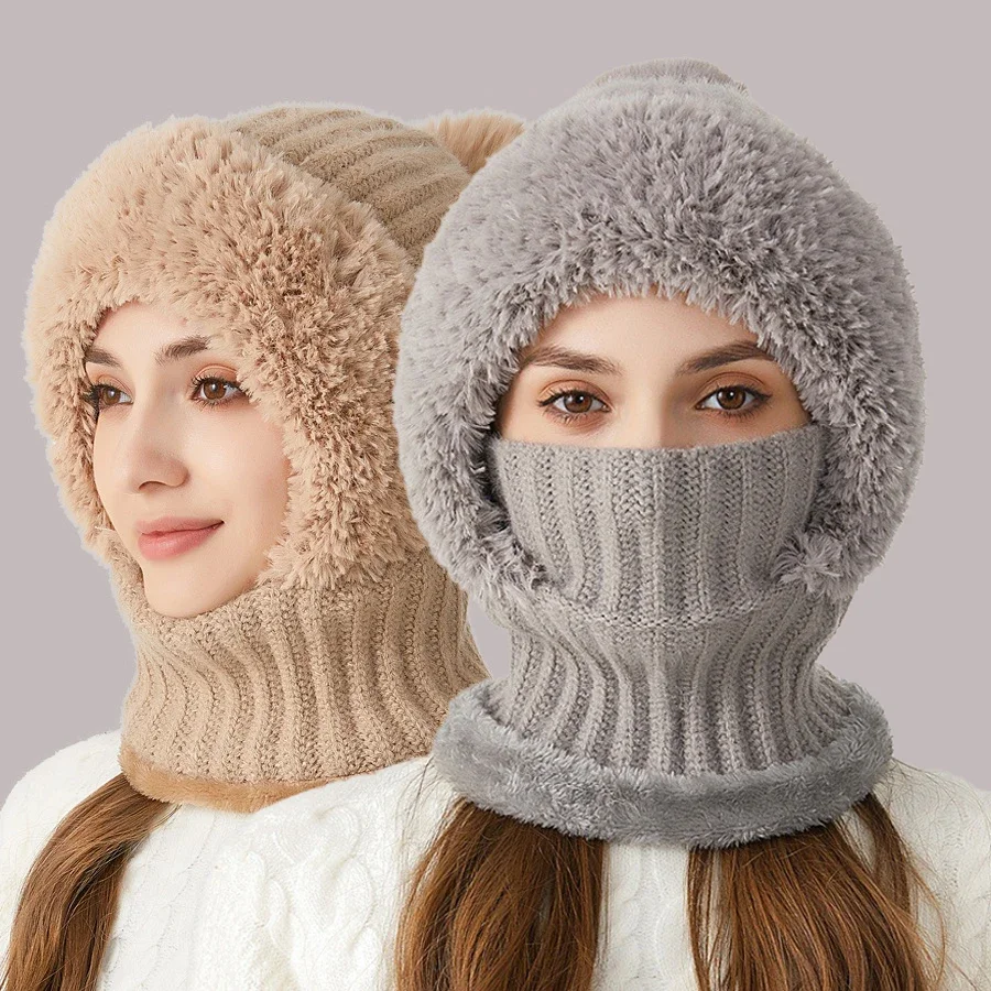 1Pc New Winter Knitted Woolen Hat Velvet Ear Protection Balaclava Hats Fluffy Comforable Warmth Cover Cap Outdoor