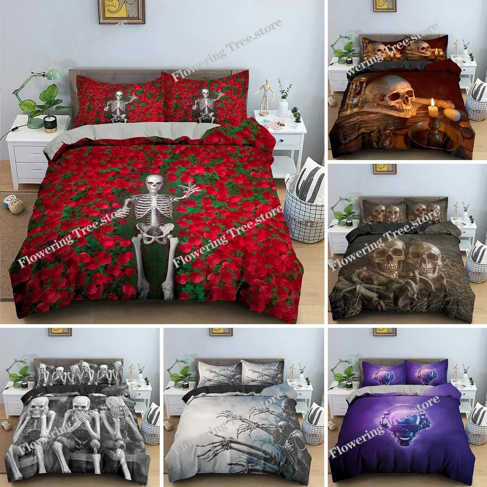 3D Skull Rose Duvet Cover Skeleton Bedding Set Luxury Quilt Cover With Zipper Closure Queen Size Comforter Sets
