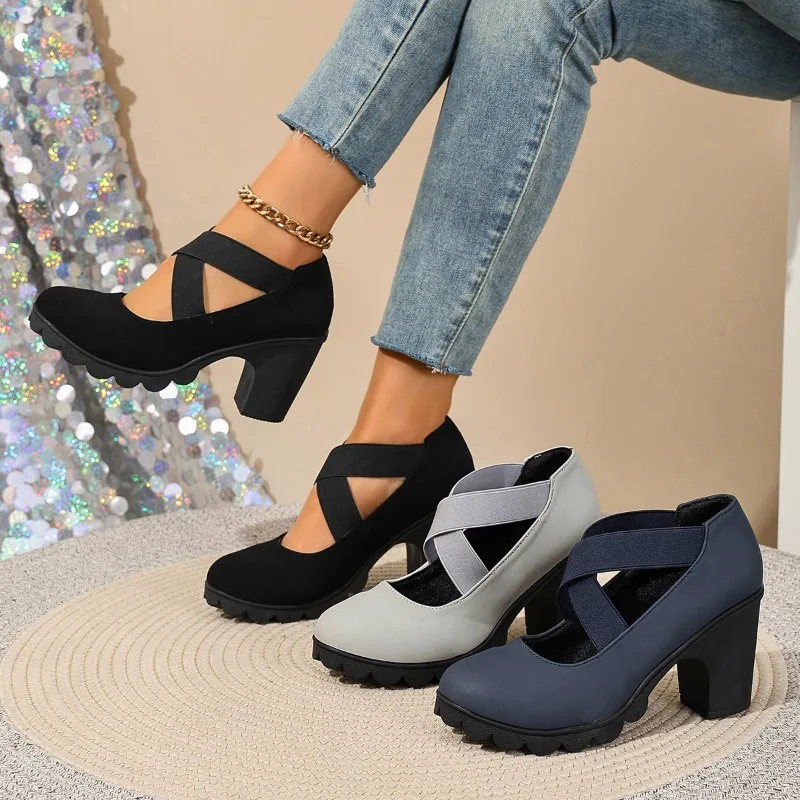 

Spring Autumn New Cross Strap Women High Heel Lolita Shoes Retro Versatile Solid Color Round Toe Casual Square Heel Single Shoes