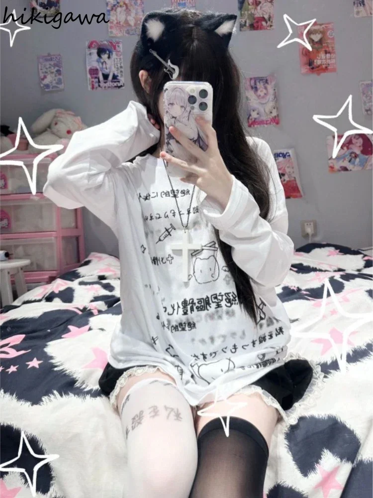 Camisetas japonesas para Mujer, Ropa de Mujer de gran tamaño, camisetas informales de manga larga, Ropa bonita con estampado de letras a la moda,